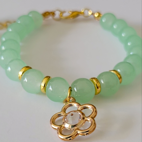 Minty Green and Gold Flower Charm Bracelet, Mint Green Charm Bracelet, Bracelet - Picture 2 of 8